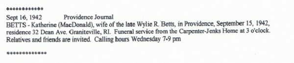 Katherine (née MacDonald) Betts' funeral announcement in the 9-16-1942 edition of the Providence Journal katherine-providence-journal-funeral-announcements